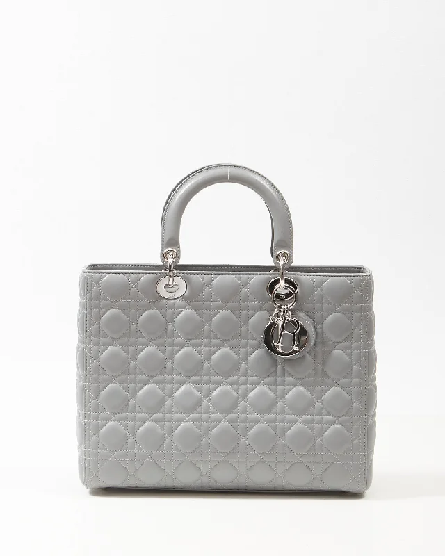 Christian Dior handbags with elegant leather -Dior Grey Lambskin Cannage Large Lady Dior Tote