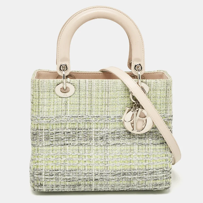 Christian Dior luxury handbags for women -Dior Green/beige Leather And Tweed Medium Lady Dior Tote