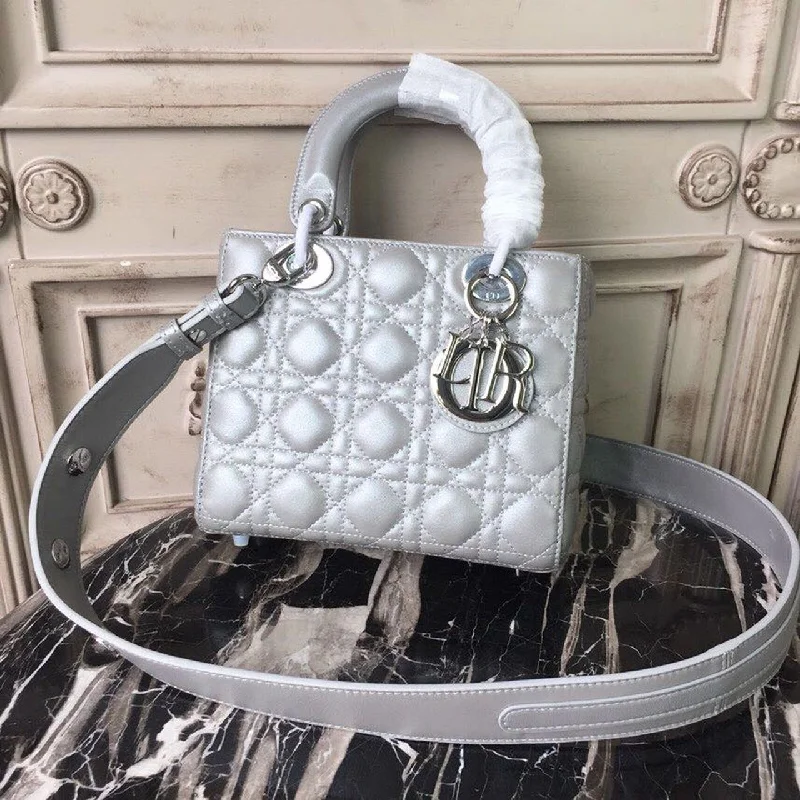 Christian Dior handbags with classic charm -Christian Dior Small Opaline Gray Pearlescent Cannage Lady Bag