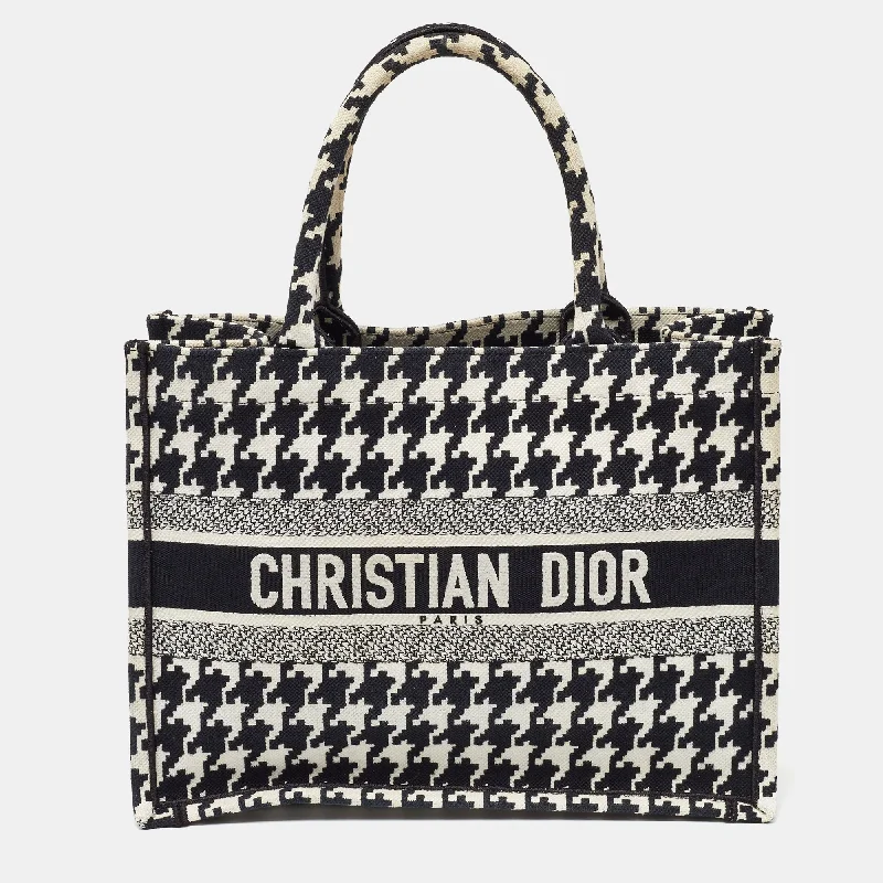 Christian Dior luxury handbags for refined taste -Dior Black/white Embroidered Macro Houndstooth Canvas Medium Book Tote