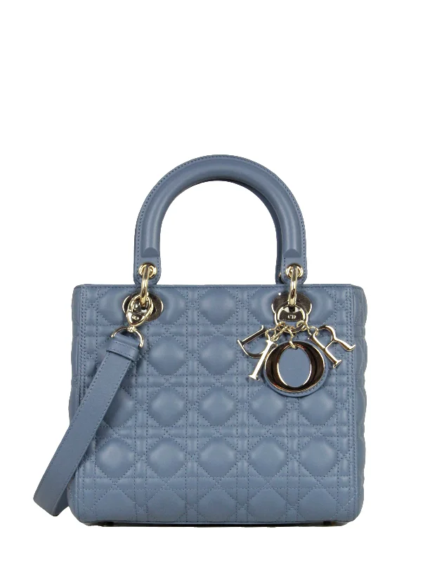 Christian Dior bags with trendy styles -Christian Dior Slate Blue Leather Cannage Quilted Medium Lady Dior Bag