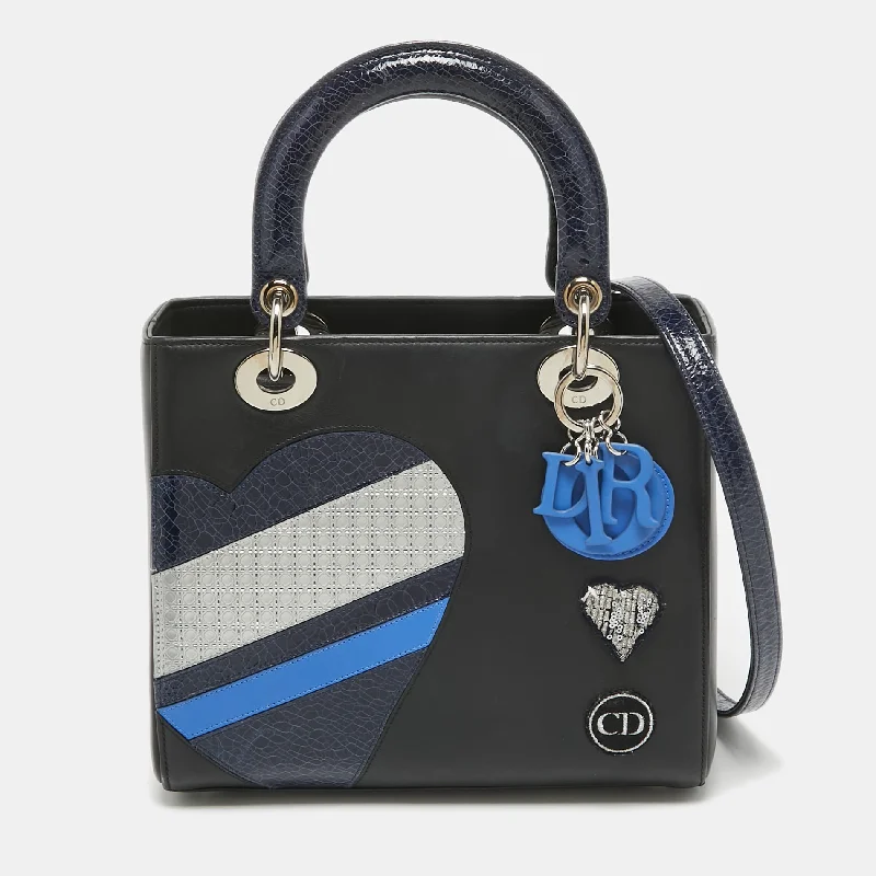 Christian Dior luxury bags with vibrant colors -Dior Black/blue Crackled Patent And Leather Medium Patch Embellished  Lady Dior Tote