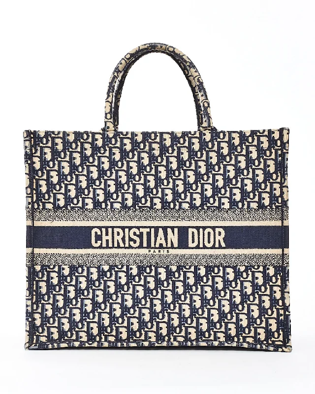 Christian Dior handbags with sophisticated stitching -Dior Navy Blue Oblique Canvas Embroidery Large Book Tote Bag