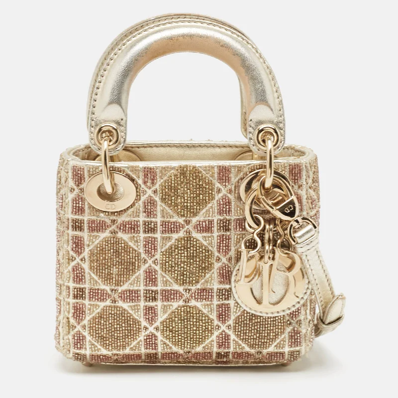 Christian Dior bags with refined finishes -Dior Gold Cannage Leather Micro Beaded Lady Dior Tote