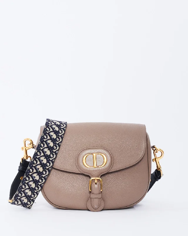 Christian Dior handbags with statement looks -Dior Taupe Grained Leather Large Bobby Bag with Oblique Canvas Strap