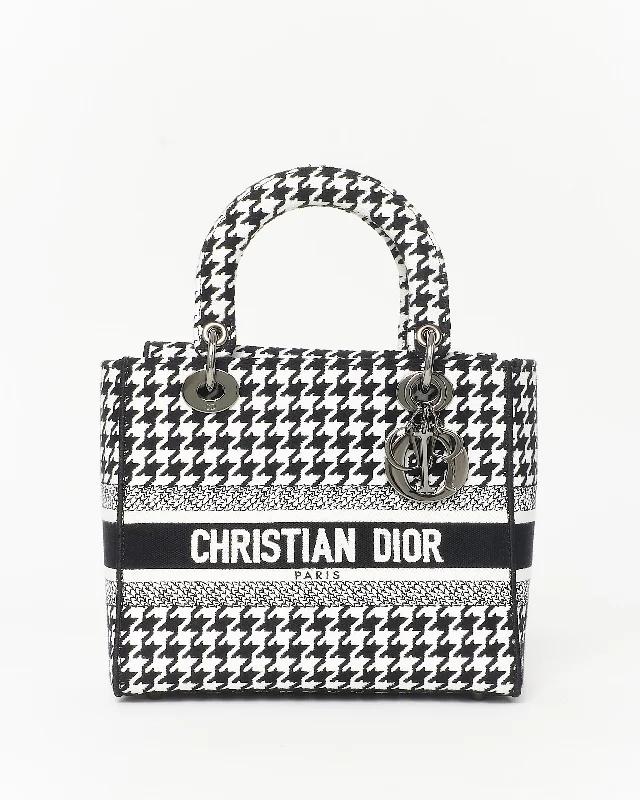 Christian Dior designer handbags for sale -Dior Black & White Houndstooth Embroidered Lady D - Lite Bag