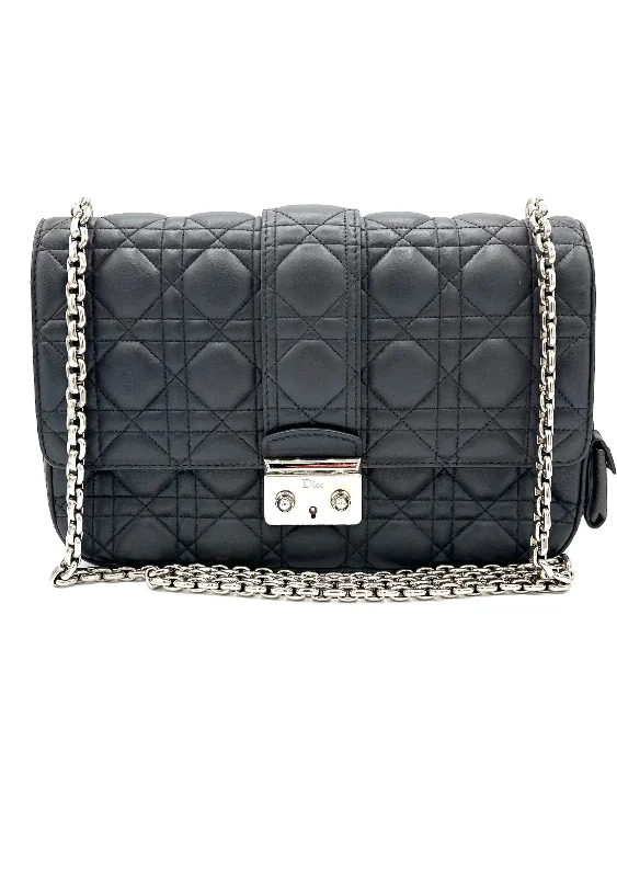 Christian Dior bags with embroidered logos -DIOR GREY QUILTED LEATHER LARGE MISS DIOR FLAP BAG