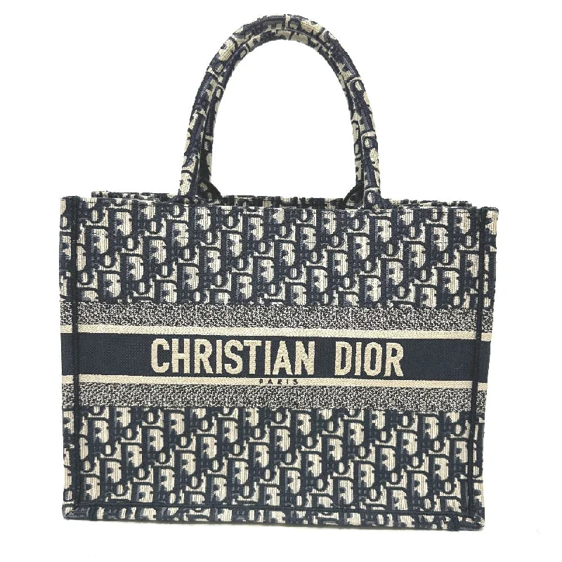 Christian Dior bags with embroidered logos -Dior Tote Bag canvas Navy Oblique Embroidered Book Tote Medium Women Used Authentic