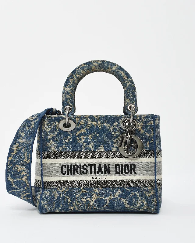 Christian Dior bags for glamorous occasions -Dior Blue Denim Jardin Magique Embroidery Canvas Medium Lady D-Lite Bag