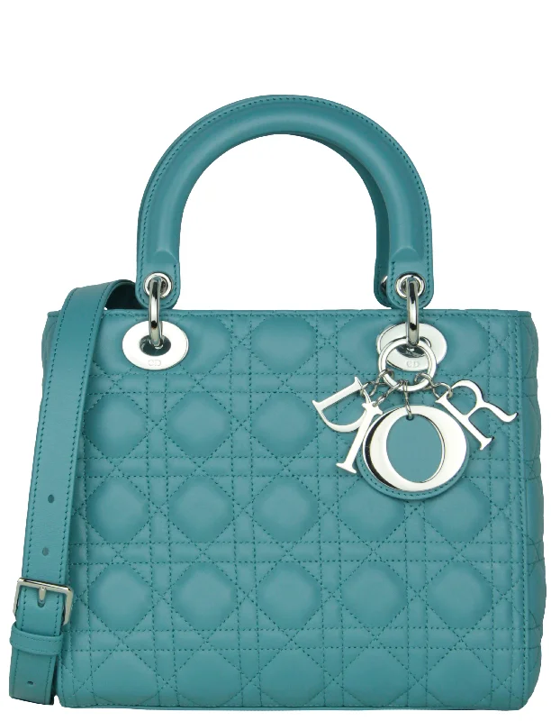 Christian Dior handbags with signature finishes -Christian Dior Blue Leather Cannage Quilted Medium Lady Dior Bag