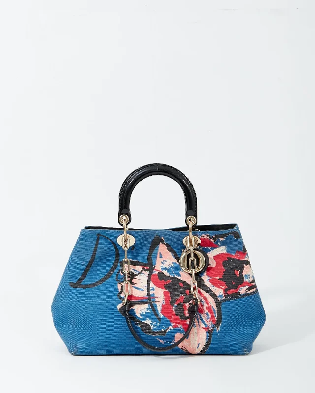 Christian Dior luxury bags with gold-tone details -Dior Denim Floral Print Diorissimo Large Tote Bag