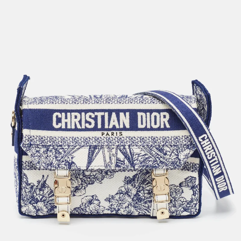 Christian Dior bags for everyday luxury -Dior Navy Blue/white Embroidery Canvas Diorcamp Bag