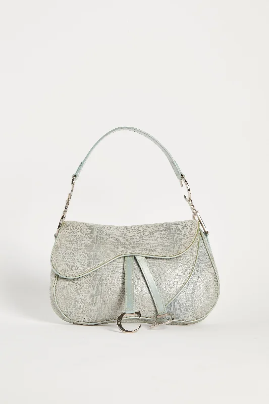 Christian Dior handbags with embossed designs -Vintage Christian Dior Green Mock Lizard Double Saddle Shoulder Bag