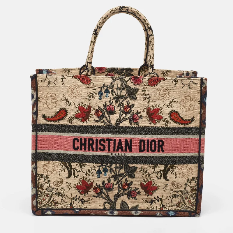 Christian Dior handbags with leather accents -Dior Multicolor Floral Embroidered Canvas Large Book Tote