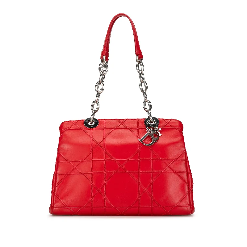 Christian Dior handbags with polished finishes -Red Dior Small Lambskin Cannage Soft Zip Shopping Tote