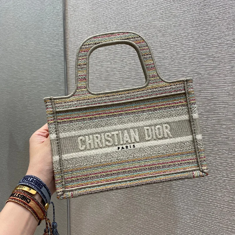 Christian Dior designer bags for night events -Christian Dior Small Book Tote Bag Canvas Stripes Embroidery