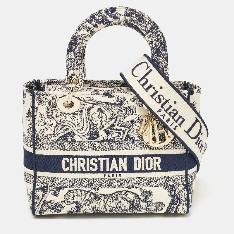 Buy Christian Dior leather handbags online -Dior Blue/blue Embroidered Canvas Medium Toile De Jouy Lady D-Lite Tote