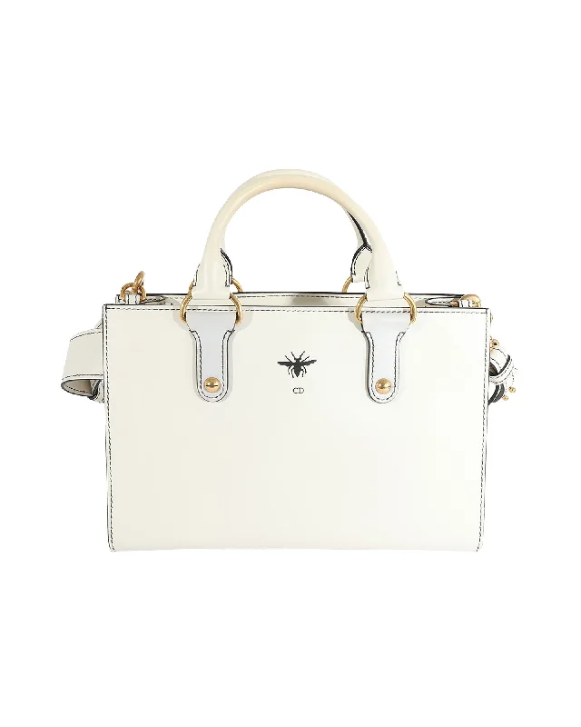 Christian Dior handbags with versatile handles -Christian Dior White Smooth Leather D-Bee Tote