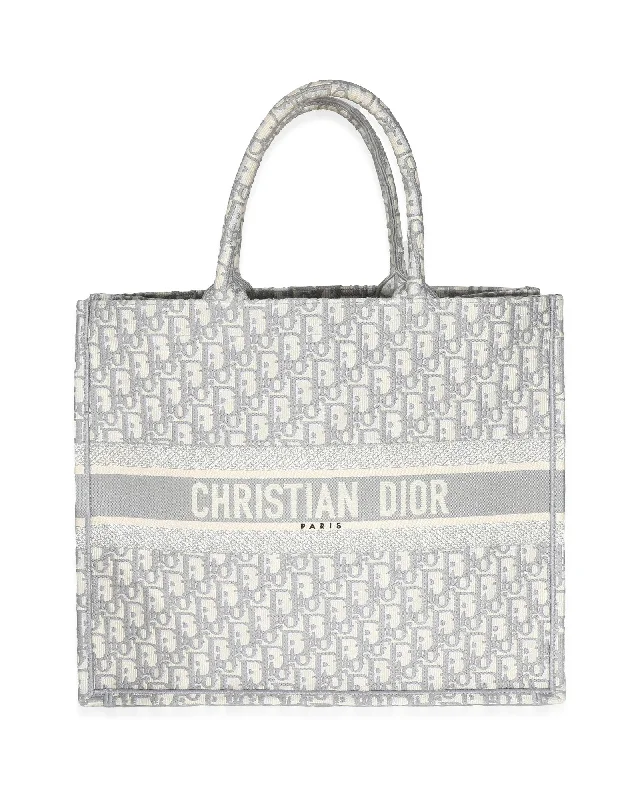 Christian Dior bags with premium stitching -Christian Dior Ecru Gray Dior Oblique Embroidery Large Dior Book Tote