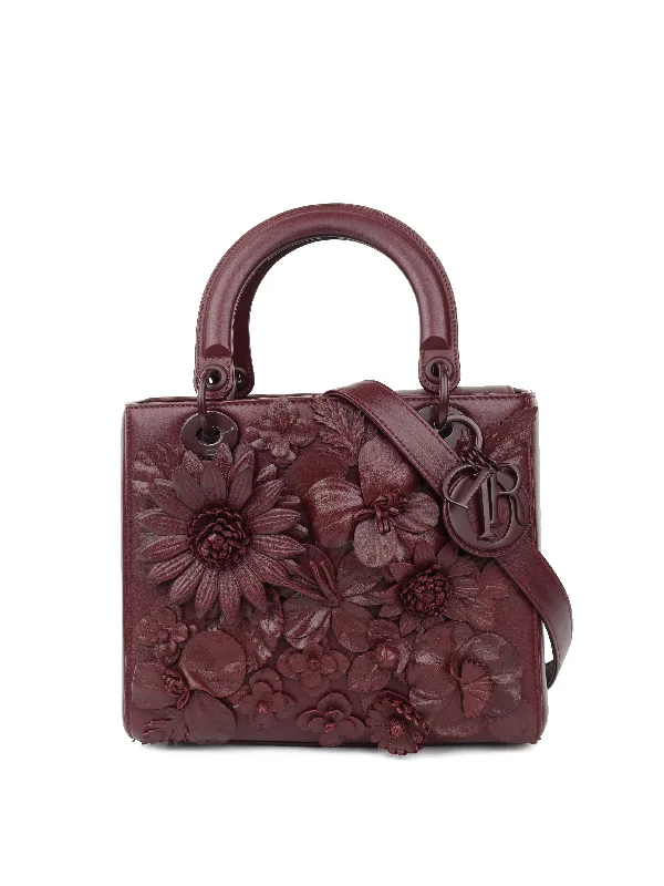 Christian Dior bags with detailed stitching -Dior Medium Burgundy Flower Applique Lady Dior Bag