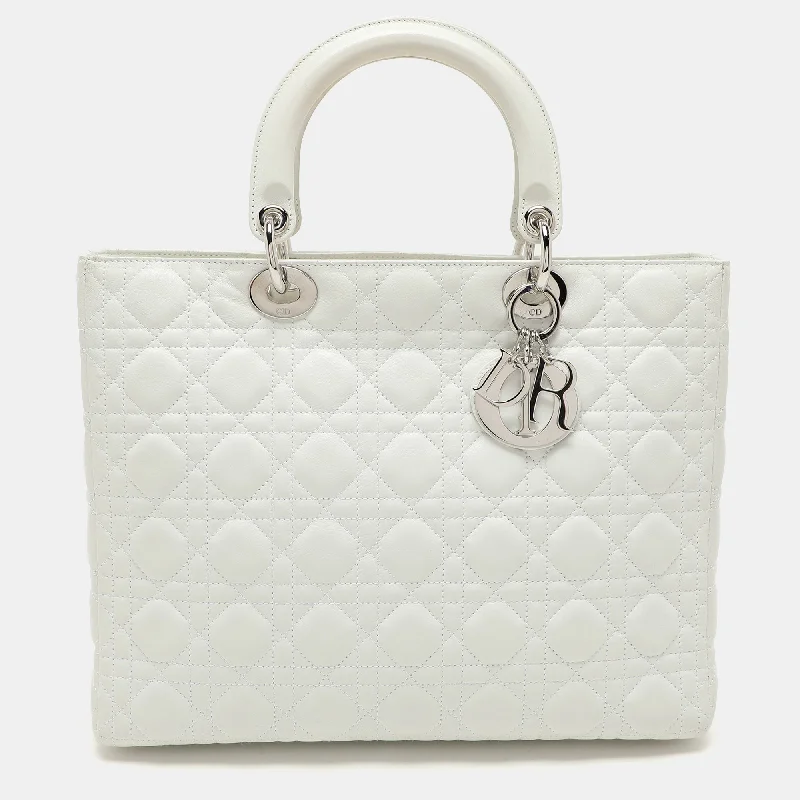 Christian Dior bags with custom leather finishes -Dior White Cannage Leather Large Lady Dior Tote