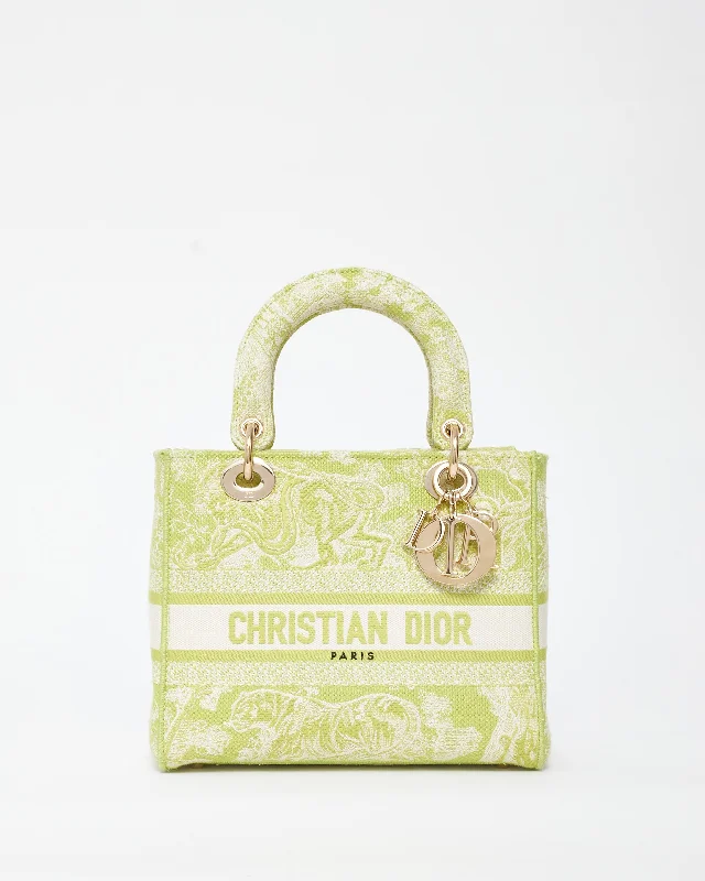 Christian Dior leather bags for sophisticated women -Dior Lime Green Toile De Jouy Embroidered Canvas Medium Lady D-Lite Bag