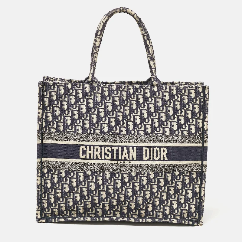 Christian Dior handbags for upscale events -Dior Navy Blue Oblique Embroidered Canvas Large Book Tote