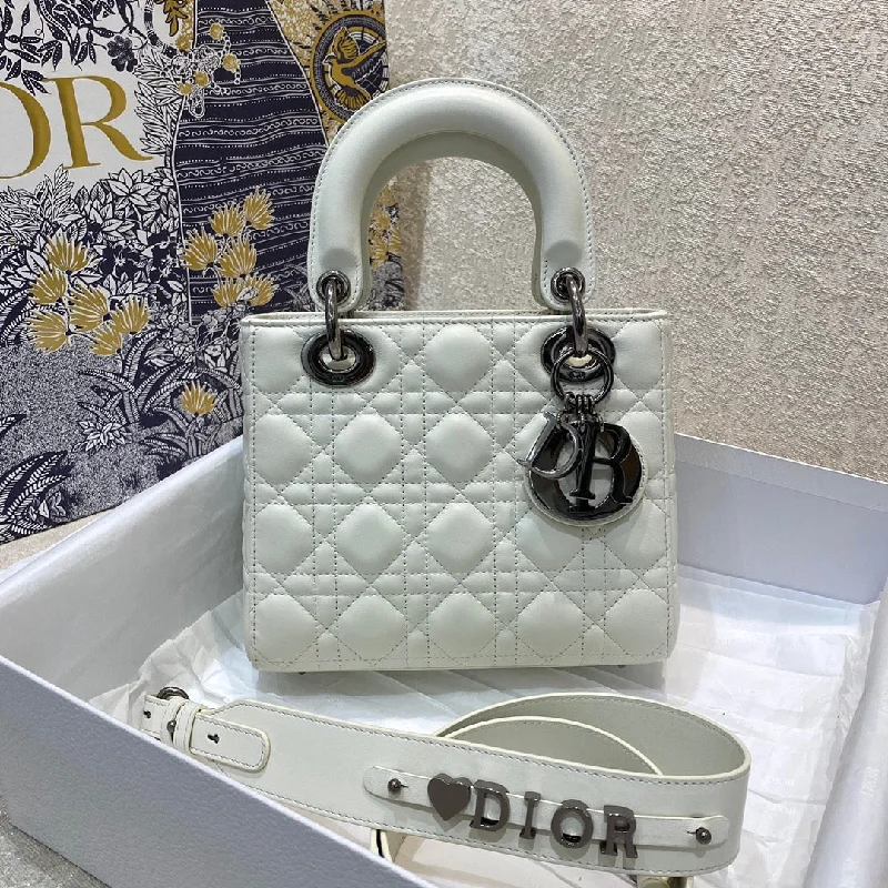 Christian Dior bags with embossed logo -Christian Dior Small Lady Bag Silver Hardware, White,