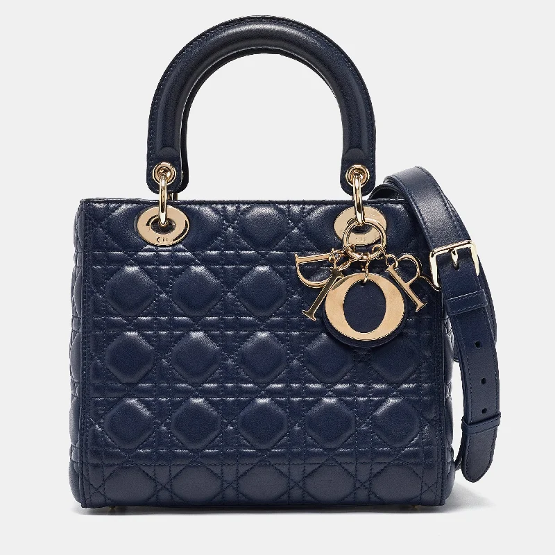 Christian Dior bags with polished leather -Dior Navy Blue Cannage Leather Medium Lady Dior Tote