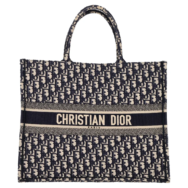 Christian Dior bags with embroidered logos -Christian Dior Large Oblique Book Totebag in Navy Blue Canvas