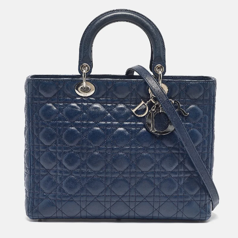 Christian Dior handbags with versatile handles -Dior Dark Blue Cannage Leather Large Lady Dior Tote