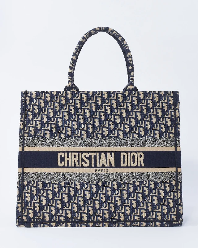 Christian Dior bags for signature style -Dior Ecru and Blue Oblique Embroidery Large Book Tote