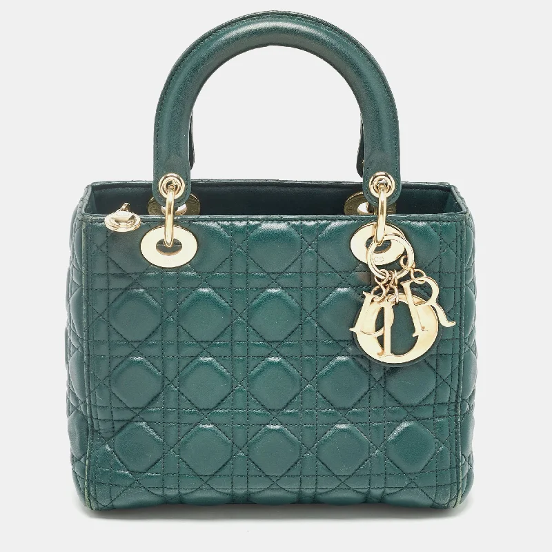 Christian Dior bags with detailed stitching -Dior Green Cannage Leather Medium Lady Dior Tote