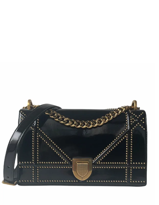 Christian Dior handbags with leather accents -Christian Dior Black Patent Leather Studded Medium Diorama Flap Bag