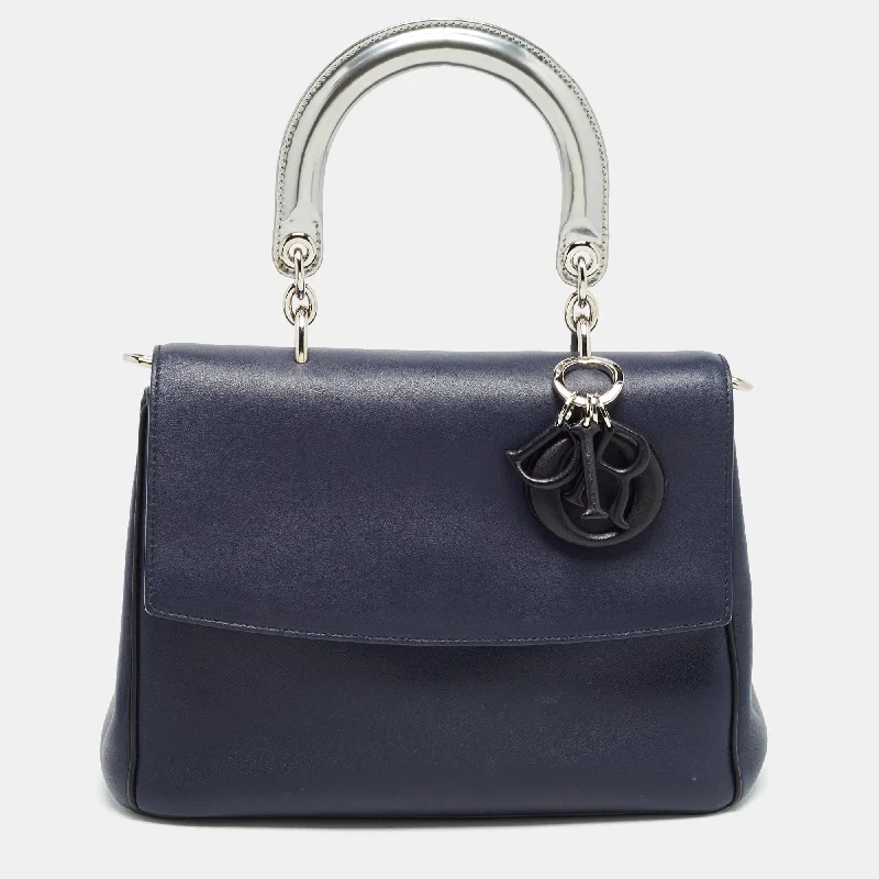 Christian Dior handbags with versatile handles -Dior Navy Blue/silver Leather Small Be Dior Flap Top Handle Bag