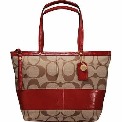 Coach bags with braided handles -Coach 12429 Signature Stripe Patent Tote Bag Brass Khaki Red