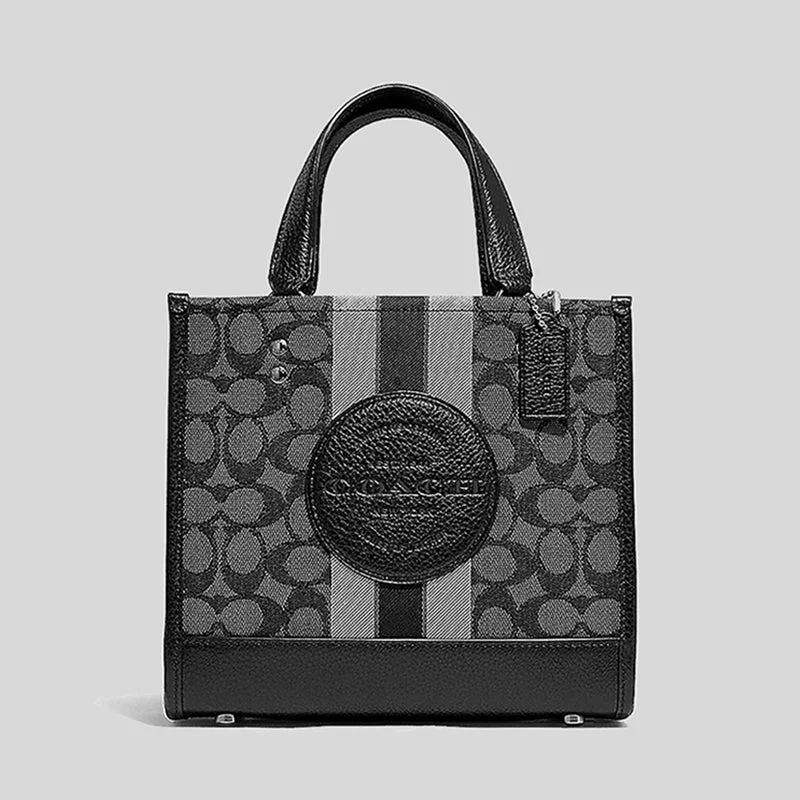 Coach handbags with smooth leather -Coach Dempsey Tote 22 In Signature Jacquard With Stripe And Coach Patch Smoke Black Multi C8417