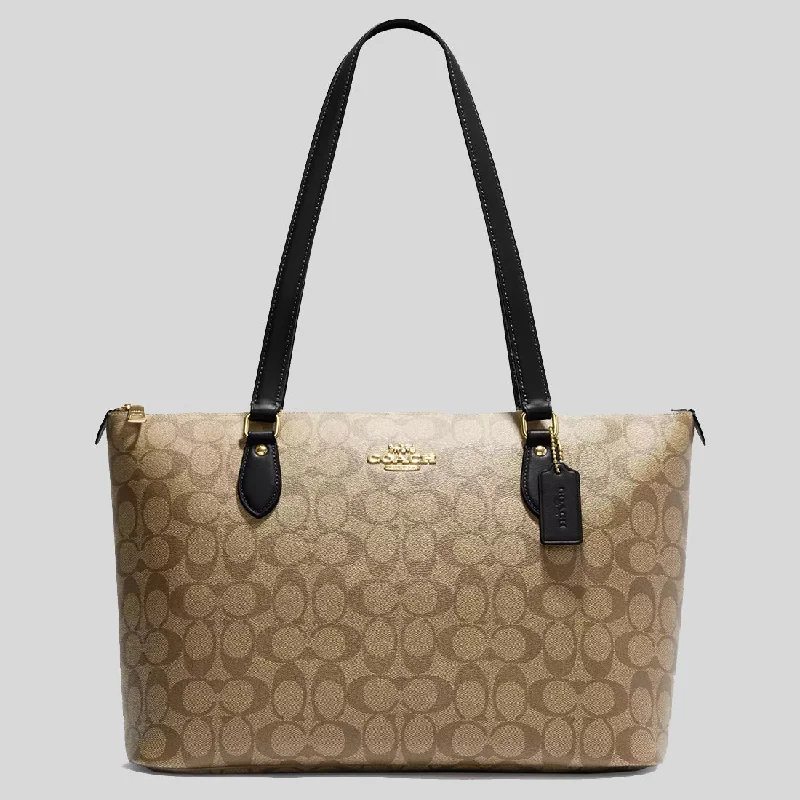 Coach handbags with metallic finishes -COACH Gallery Tote Bag In Signature Canvas Khaki/Black CS187