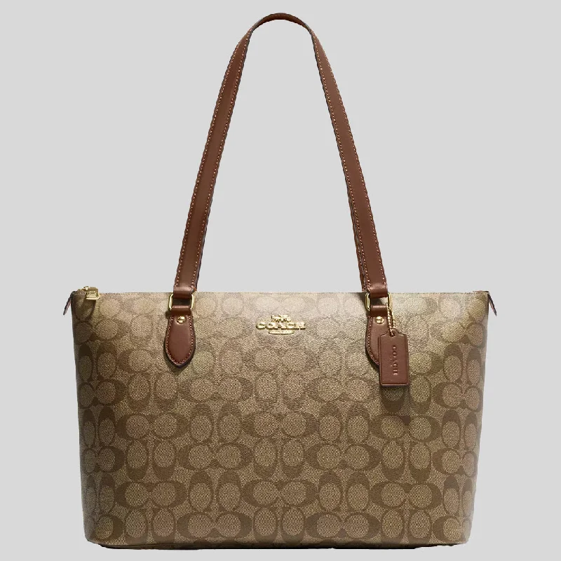 Coach handbags with contrasting details -COACH Gallery Tote Bag In Signature Canvas Khaki/Saddle CS187