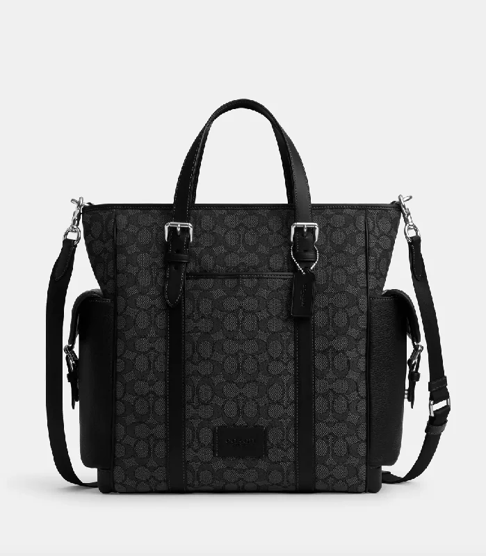 Coach handbags with signature designs -Coach Men Sprint Tote In Signature Jacquard Charcoal Black