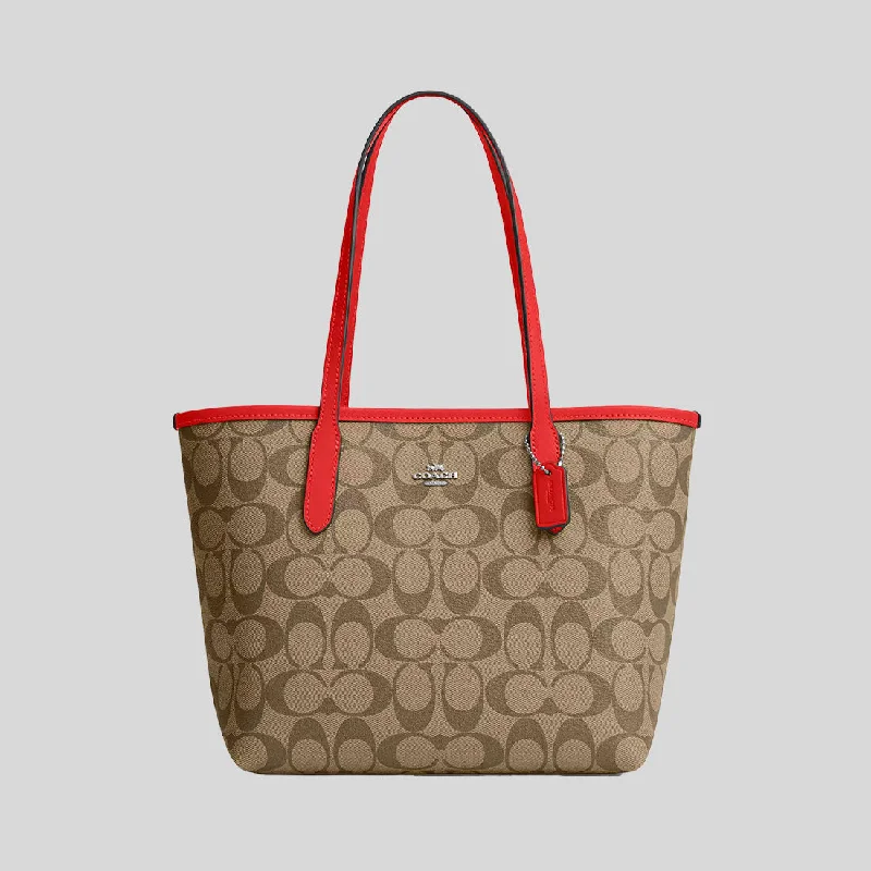 Coach handbag collection for stylish women -COACH Mini City Tote In Signature Canvas Khaki/Miami Red CN733