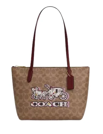 Coach small leather handbags -Coach Fiona Zip Tote Bag In Signature Canvas With Horse And Carriage Print