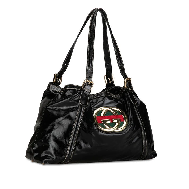 GUCCI bags with metallic finishes -Gucci  Bride Double G Sy Line Tote Bag 162094 Black G Patent Leather  Gucci