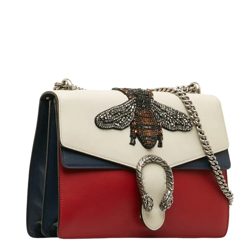 GUCCI bags with sculptural designs -Gucci Dionysos Bee Chain Shoulder Bag 403348 White Red Blue Leather Lady Gucci