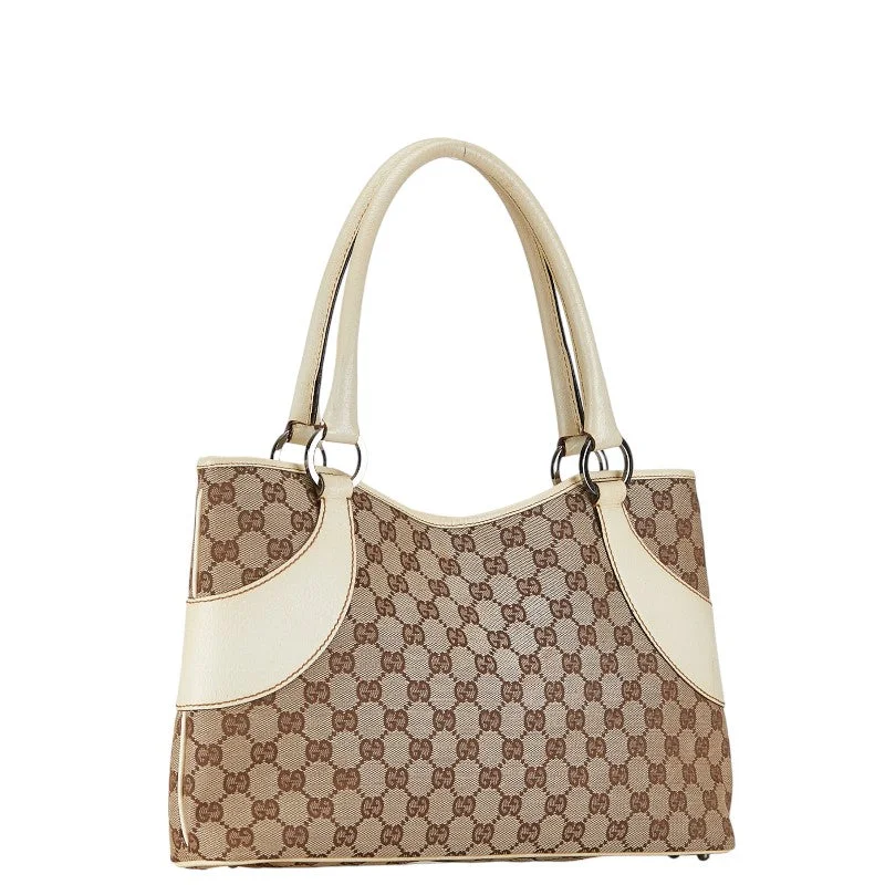 GUCCI bags with woven leather -Gucci GG canvas handbag Tote bag 113015 beige white canvas leather ladies Gucci