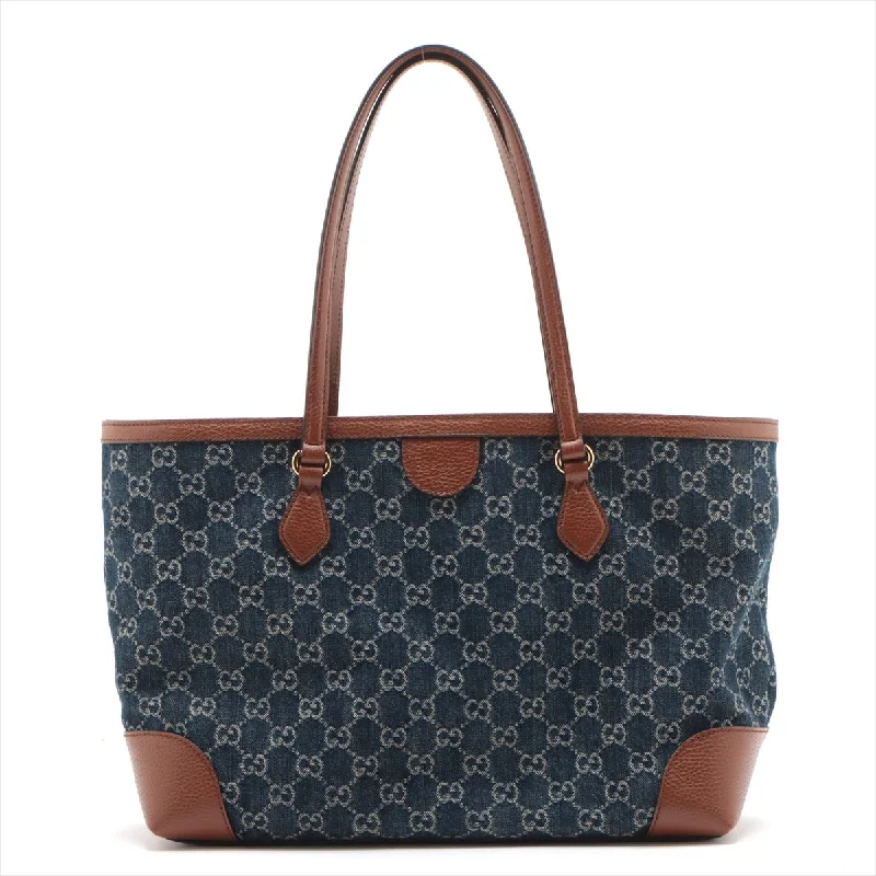 GUCCI bags with geometric designs -Gucci GG Denim X Leather Tote Bag Navy X Brown 631685