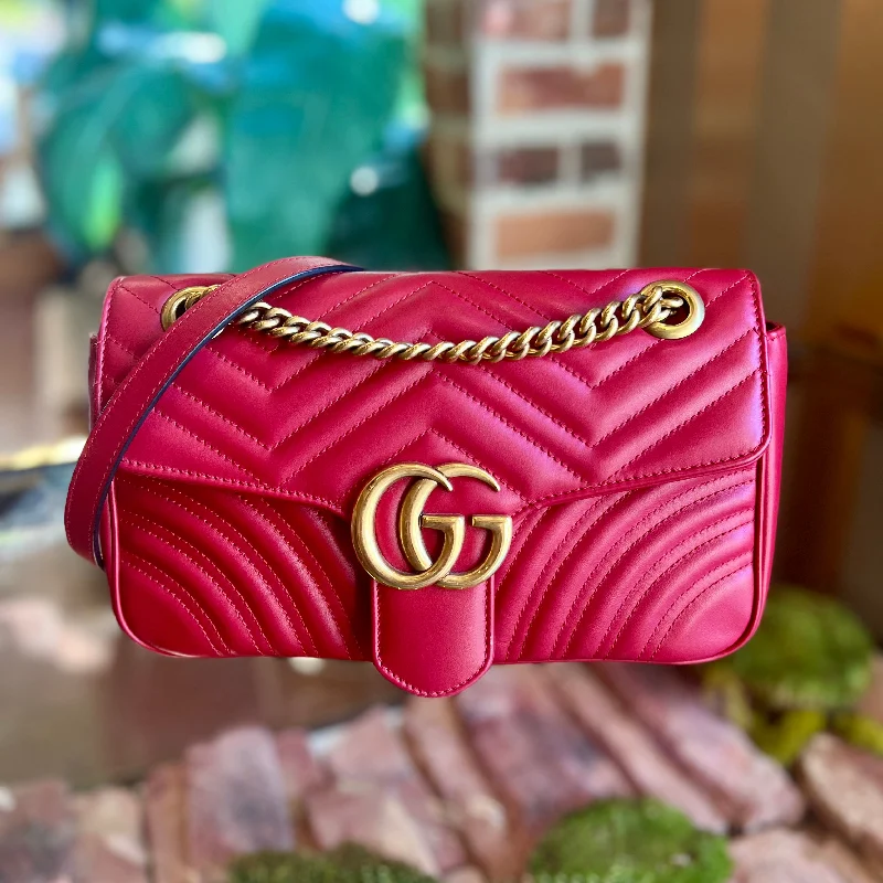 GUCCI luxury handbags with artistic flair -GUCCI Small GG Marmont Hibiscus Red Calfskin Matelasse Shoulder Bag