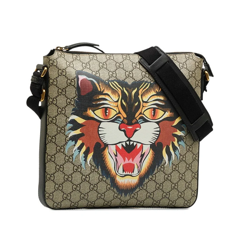 GUCCI bags with luxurious fabrics -Gucci GG Supreme Angry Cat Shoulder Bag 473886 Beige Black Ladies