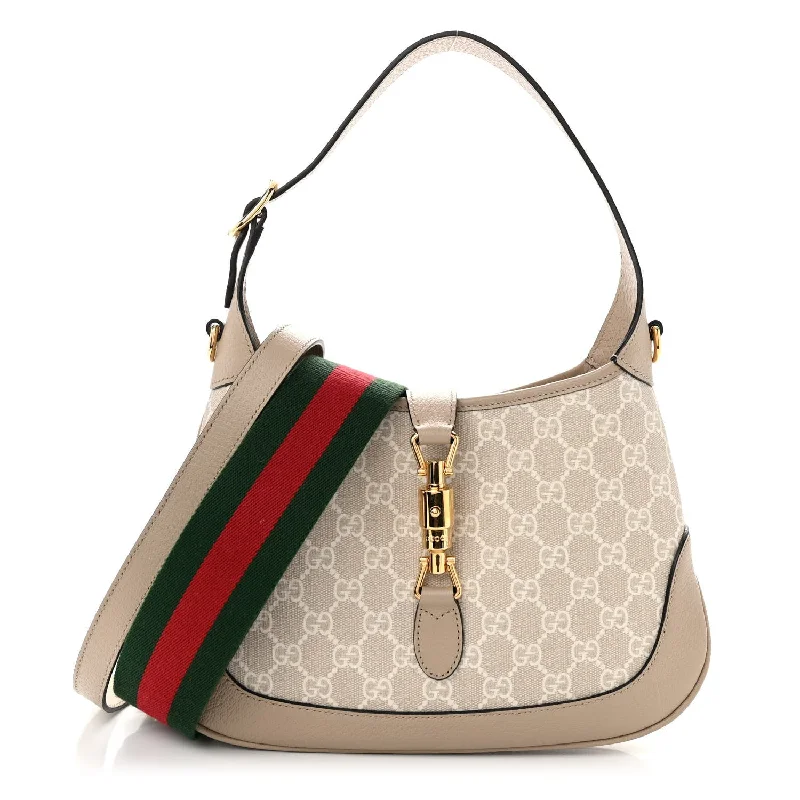 GUCCI luxury bags with statement designs -Gucci  GG Supreme Monogram Textured Dollar Calfskin Web Small Jackie 1961 Hobo Beige Mystic White Oatmeal