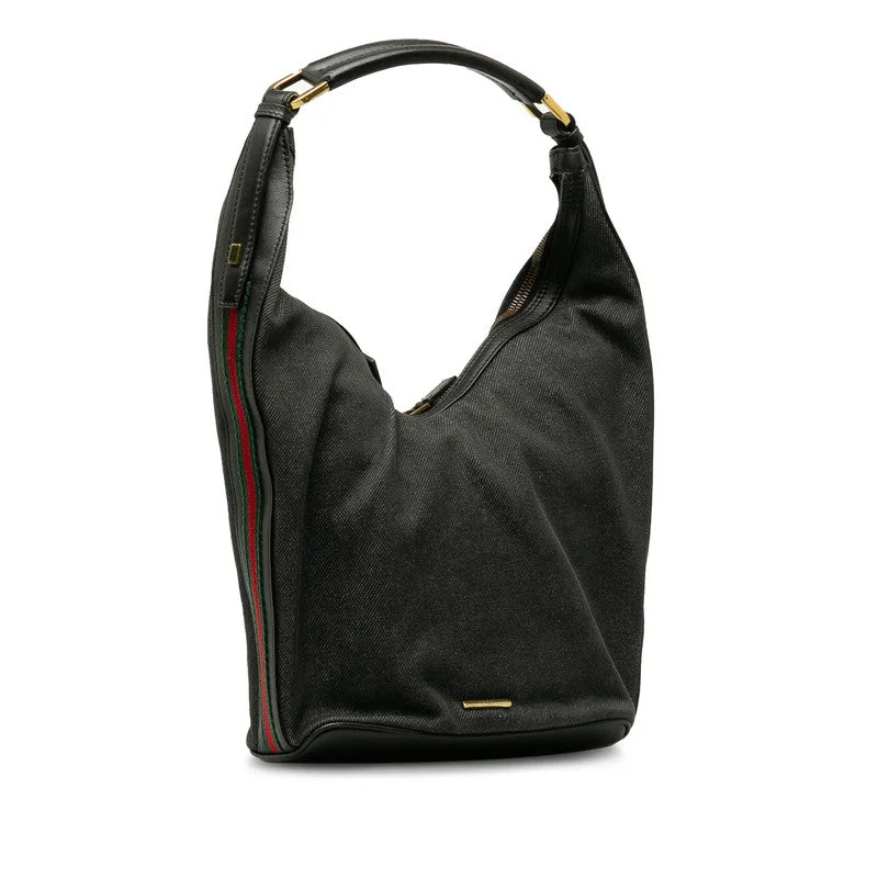 GUCCI bags with silver-tone hardware -GUCCI Gucci 73885 Shoulder Bag Linen/Leather Black Ladies Lines